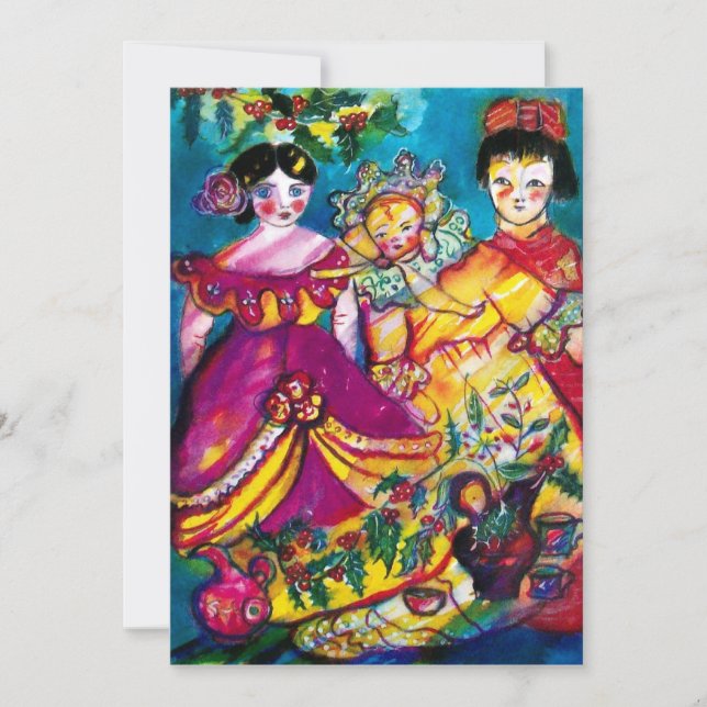 Invitación HERMOSA ANTIGUA DOLL azul rojo púrpura amarillo ro (Anverso)