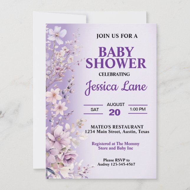 Invitación Hermosa Baby Shower de flores moradas (Anverso)