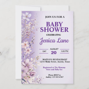 Invitación Hermosa Baby Shower de flores moradas