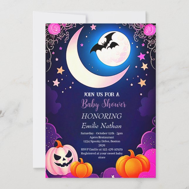 Invitación Hermosa Baby Shower de Halloween rosa morado moder (Anverso)