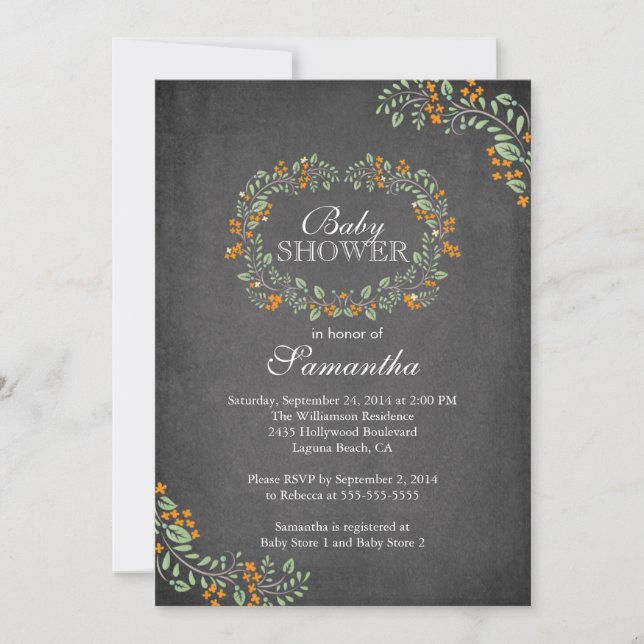 Invitación Hermosa Baby Shower de marco floral de cartón (Anverso)