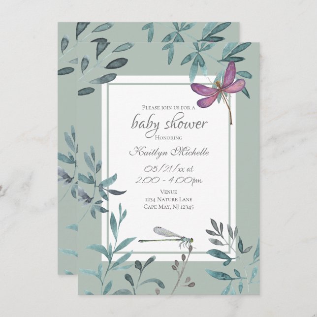 Invitación Hermosa Baby Shower Dragonfly Garden Greenery (Anverso / Reverso)