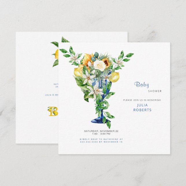 Invitación Hermosa Baby Shower floral mediterránea (Anverso / Reverso)