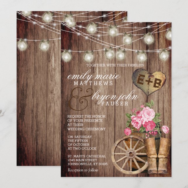 Invitación Hermosa barrica de madera rústica y floral malva (Anverso / Reverso)