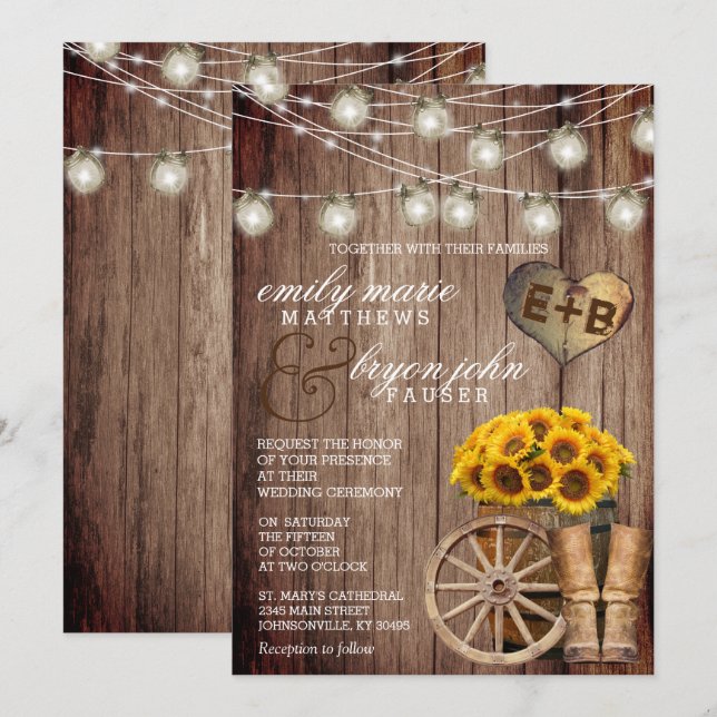 Invitación Hermosa barrica de madera rústica y girasoles (Anverso / Reverso)