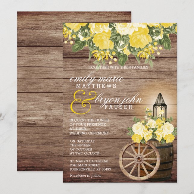 Invitación Hermosa barrica de madera templada y flores amaril (Anverso / Reverso)