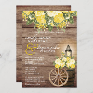 Invitación Hermosa barrica de madera templada y flores amaril