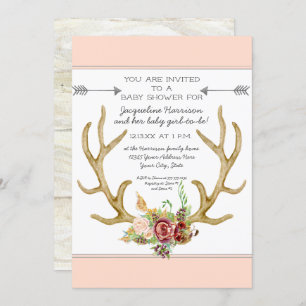 Invitación Hermosa bebé floral BOHO Deer Antler Rubor
