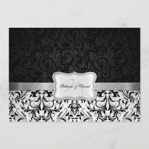Invitación Hermosa Boda Damasco en Blanco y Negro invita