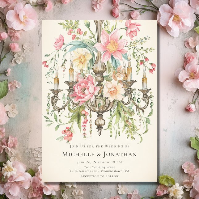 Invitación Hermosa Boda de araña floral (Front - Beautiful Watercolor Floral Chandelier Wedding Invitation)
