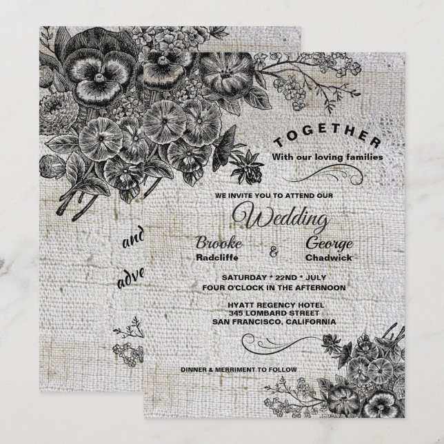 Invitación Hermosa Boda de flores artísticas negras y grises (Anverso / Reverso)