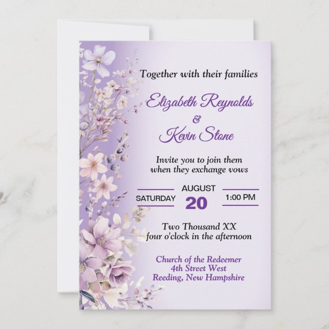 Invitación Hermosa Boda de flores moradas (Anverso)