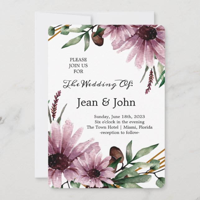 Invitación Hermosa Boda de Flores Violetas (Anverso)
