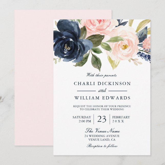 Invitación Hermosa boda de primavera en Rubor rosa y marina (Anverso / Reverso)
