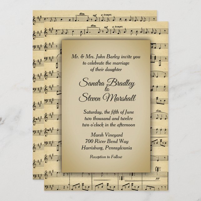 Invitación Hermosa Boda de tema musical de chapa antigua (Anverso / Reverso)