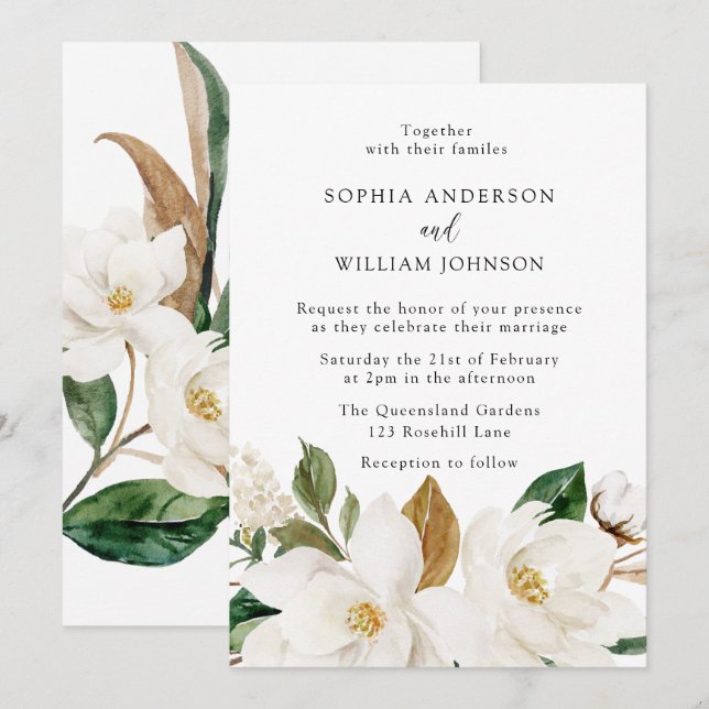 Invitación Hermosa Boda Elegante Floral Blanca (Anverso / Reverso)