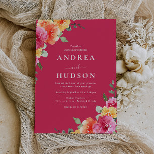 Invitación Hermosa Boda Floral Acuarela Rosa Vibrante