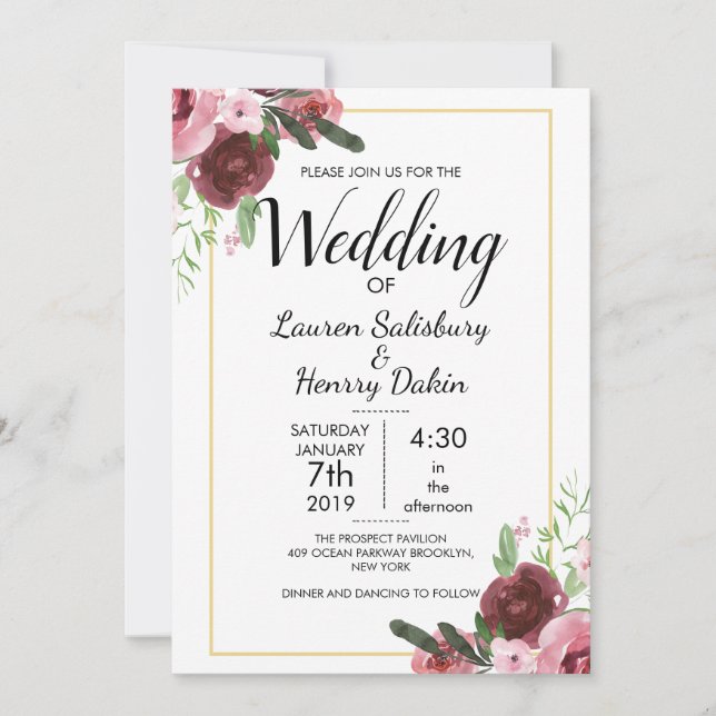 Invitación Hermosa Boda floral de Borgoña personalizada (Anverso)