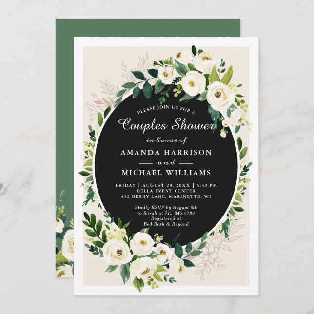 Invitación Hermosa Boda Floral Verde Blanco Ducha (Anverso / Reverso)