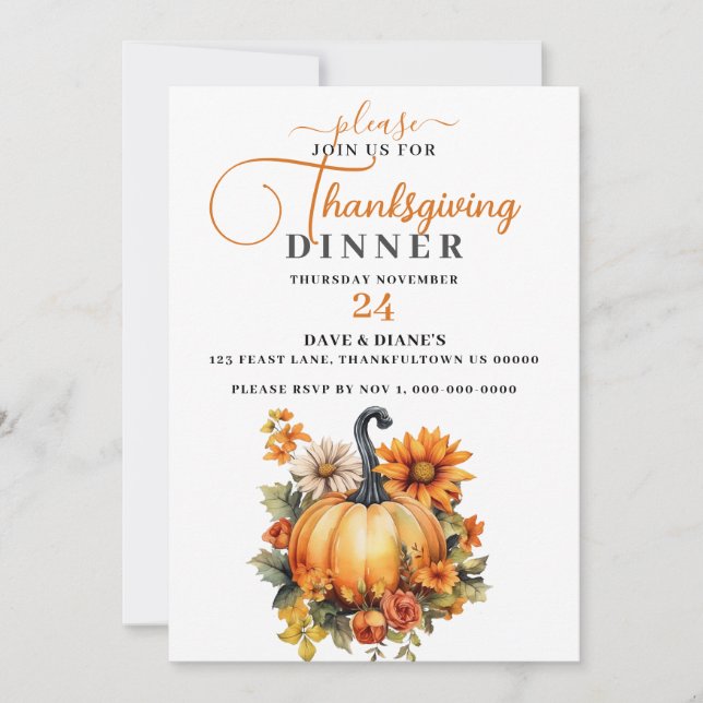 Invitación Hermosa Calabaza y Flores Caídas Día de Acción de  (Anverso)