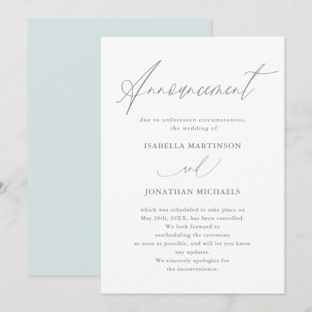 Invitación Hermosa cancelación de Boda de caligrafía azul (Anverso / Reverso)