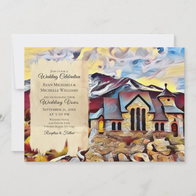 Invitación Hermosa capilla de montaña en el Boda de rock (Anverso)
