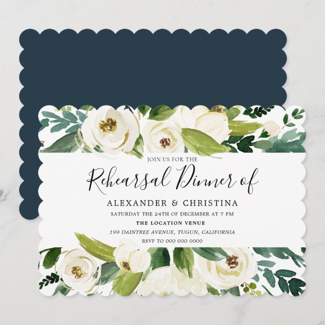 Invitación Hermosa cena de ensayo verde de flores blancas (Anverso / Reverso)
