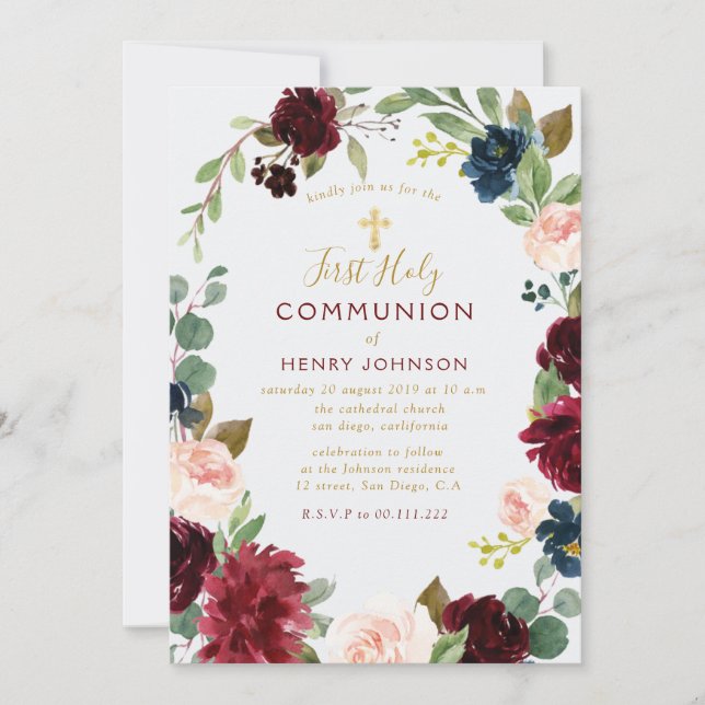 Invitación Hermosa comunión floral de Borgoña (Anverso)