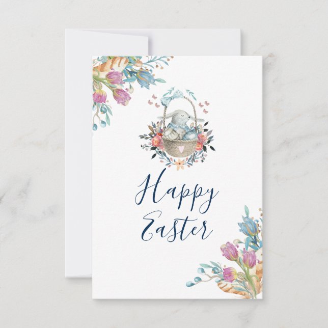 Invitación Hermosa conejita en cesta y tulipanes florecientes (Anverso)