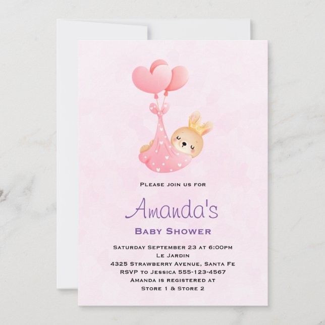 Invitación Hermosa conejita en un Baby Shower de Heart Blanke (Anverso)