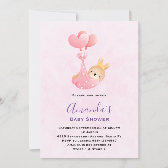 Invitación Hermosa conejita en un Baby Shower de Heart Blanke (Anverso)