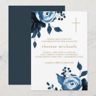 Invitación Hermosa confirmación de la cruz floral azul