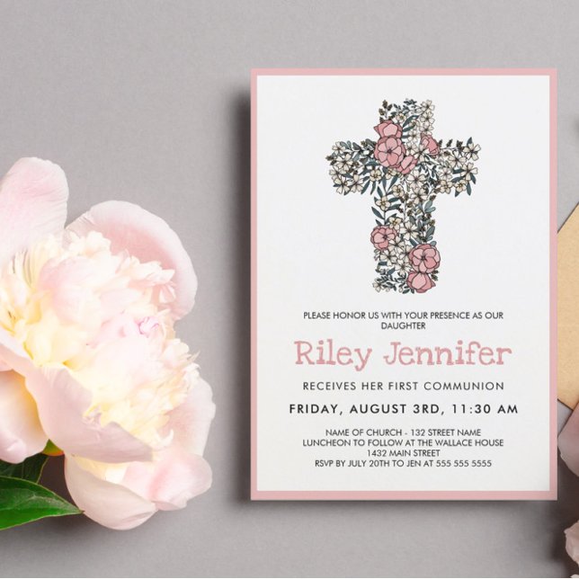 Invitación Hermosa Cruz Floral Rosa Primera Comunión (Subido por el creador)