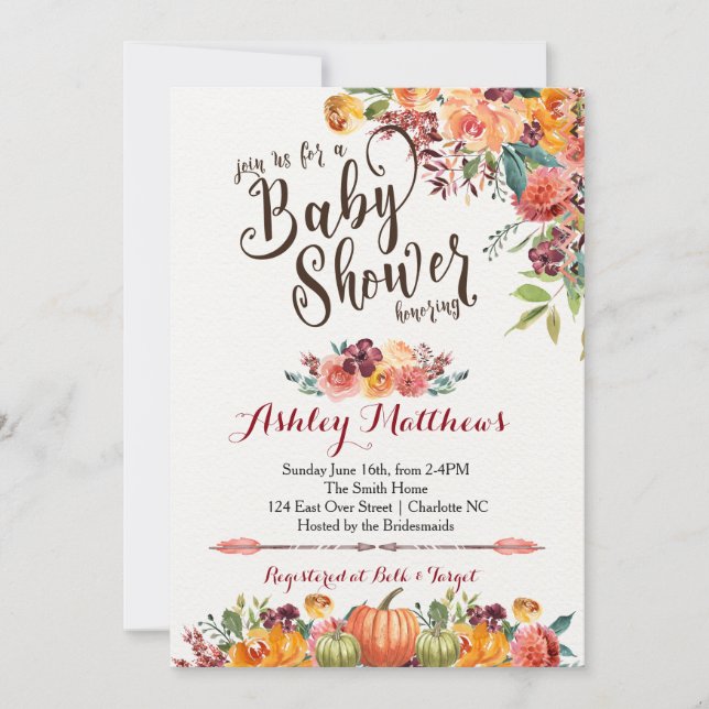Invitación hermosa de Baby Shower de la caída, (Anverso)