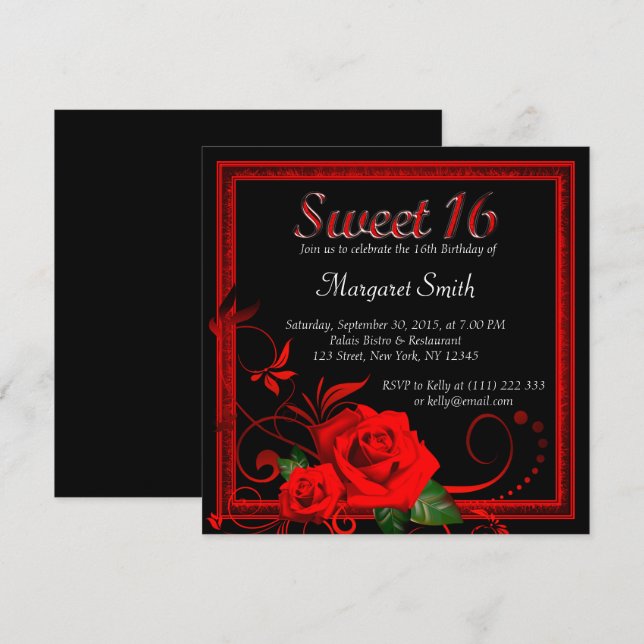 Invitación hermosa del dulce 16 del rosa rojo (Anverso / Reverso)