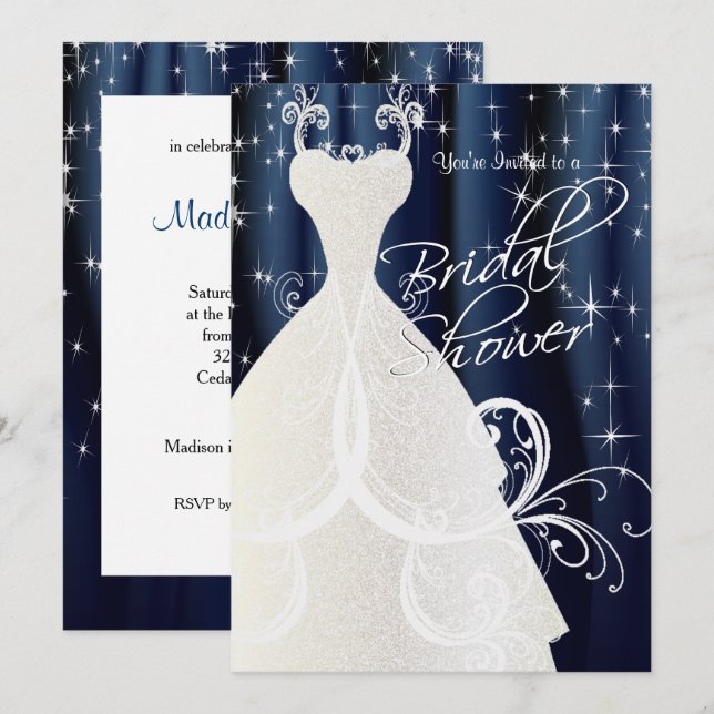 Invitación Hermosa ducha azul de novia con estrellas brillant (Anverso / Reverso)