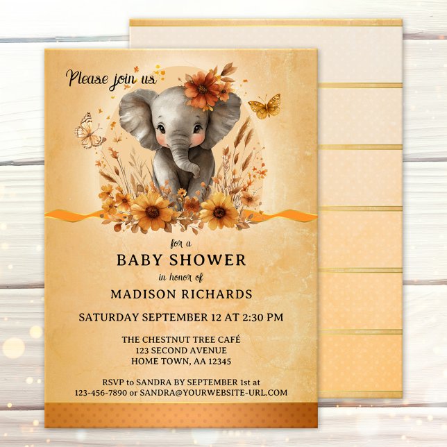 Invitación Hermosa Ducha de Bebe de Elefante de Terracota de  (Gender neutral baby shower invitation featuring a pretty watercolor elephant on terra cotta )