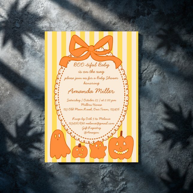 Invitación Hermosa ducha de bebé fantasma de Halloween (Boo-tiful cute ghost retro yellow orange stripes Halloween baby shower Invitation cards template)