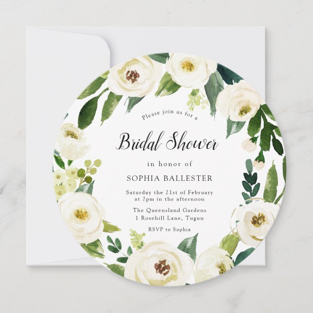 Invitación Hermosa ducha de novia con flores blancas (Anverso)