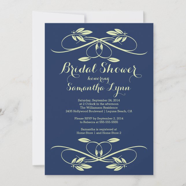 Invitación Hermosa ducha de novia con hojas azules de la mari (Anverso)