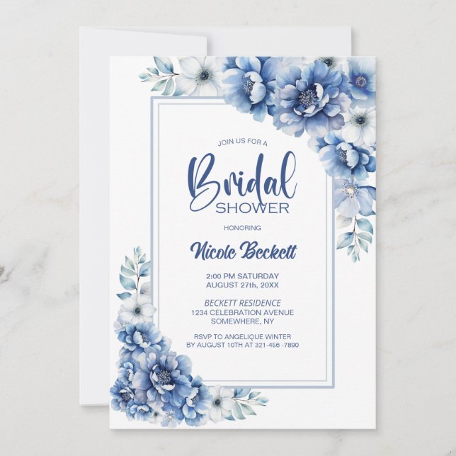Invitación Hermosa ducha de novia floral azul con estilo (Anverso)