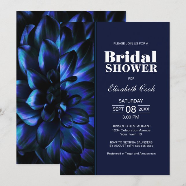 Invitación Hermosa ducha de novia floral azul con estilo (Anverso / Reverso)