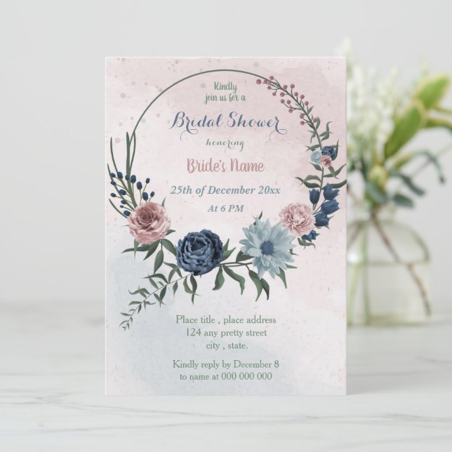 Invitación hermosa ducha de novia floral azul rosa (Anverso de pie)