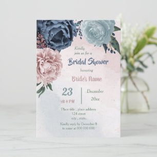 Invitación hermosa ducha de novia floral azul rosa