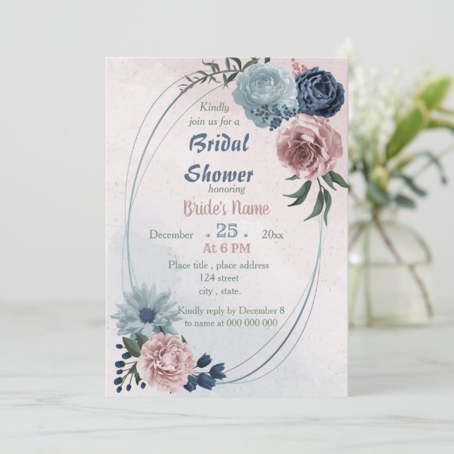 Invitación hermosa ducha de novia floral azul rosa (Anverso de pie)