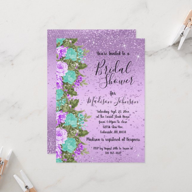 Invitación Hermosa ducha de novia floral - púrpura y Verde az (Anverso/Reverso In Situ)