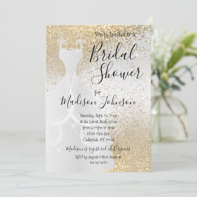Invitación Hermosa ducha de novia - Purpurina blanco y dorado (Anverso de pie)