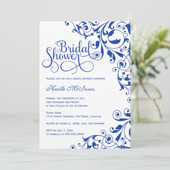 Invitación Hermosa ducha de novia Royal Blue Swirls (Anverso de pie)