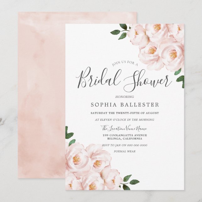 Invitación Hermosa ducha de novia suave de flores rosa Rubor (Anverso / Reverso)