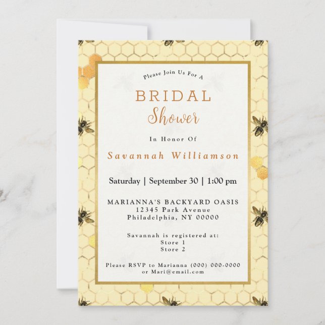 Invitación Hermosa ducha de novias con abejas doradas y honey (Anverso)